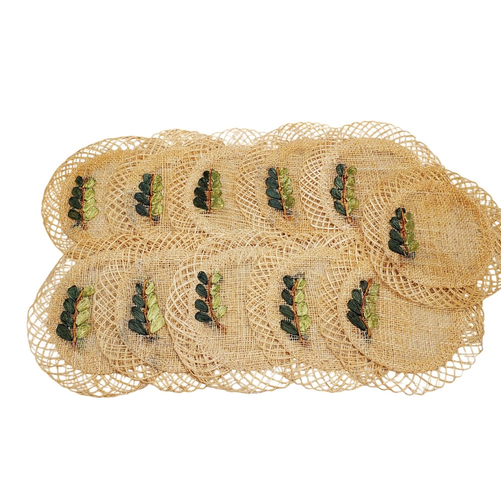 11 Vintage 70's Woven Natural Raffia Coasters 5" Green Embroidered‎ Straw Leaf